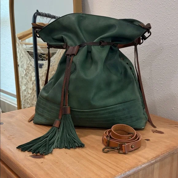 Green Leather Drawstring Bag - Picture 1 of 12